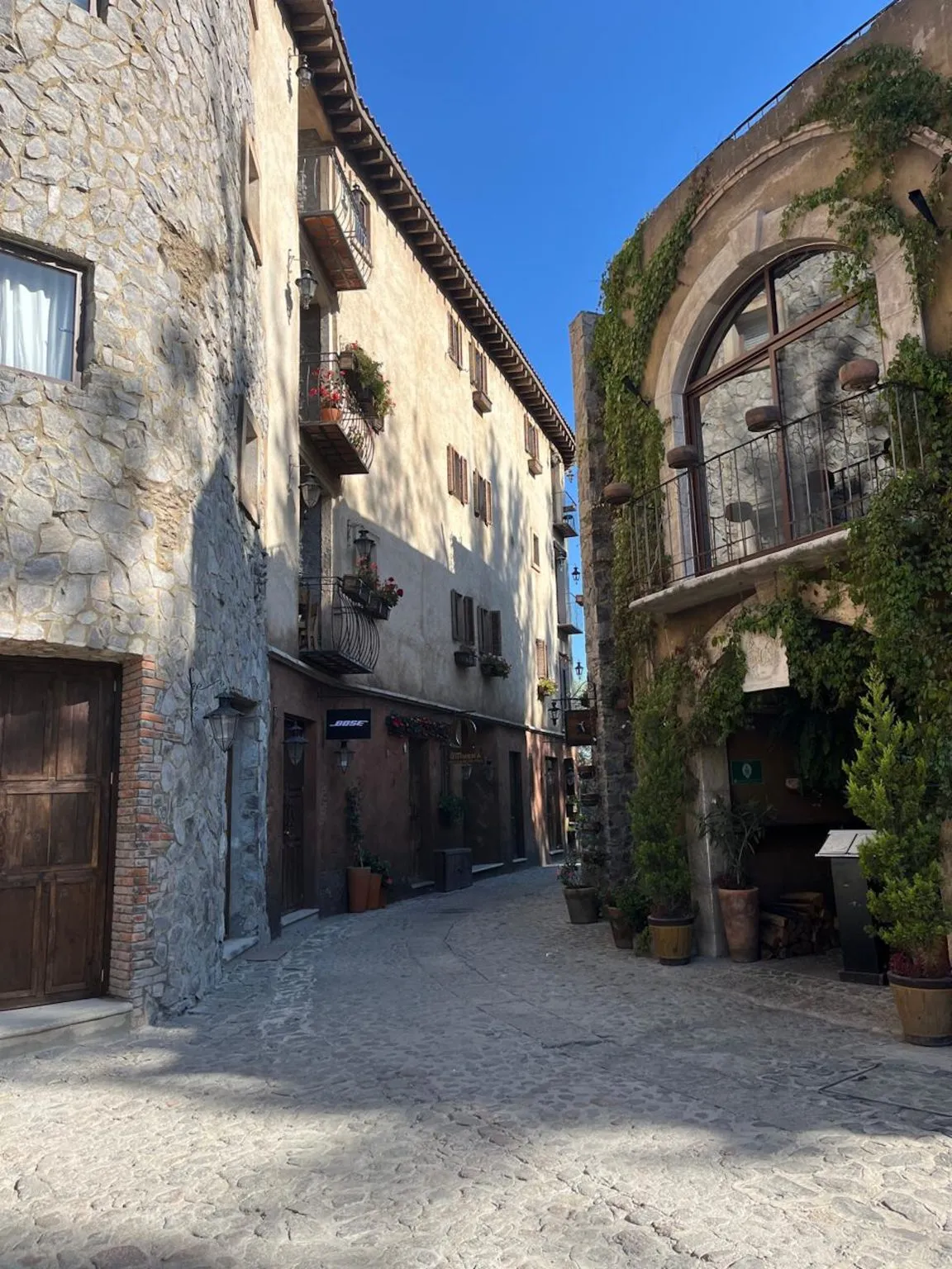 A narrow cobbled lane between stone houses, with wooden doors, lanterns, potted plants and green vines over an arched window.